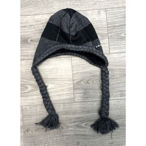 Logofit Vail Beanie Black‎ Gray Striped Braided Ear Flaps Winter Ski Hat